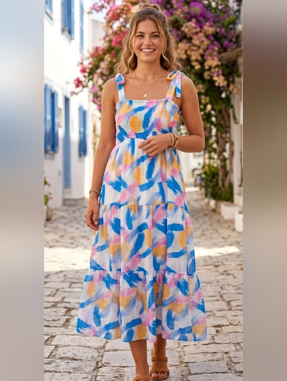 Blu Pepper Women's SMALL Summer Tie-Shoulder Tiered Midi Dress in Blue Multi